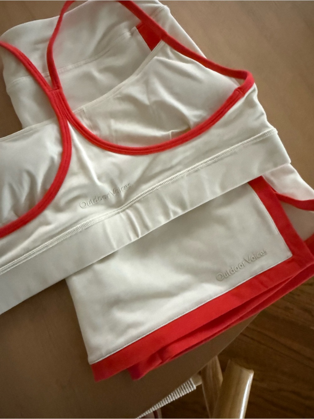 Outdoor Voices Cream Sports Set with Coral Trim